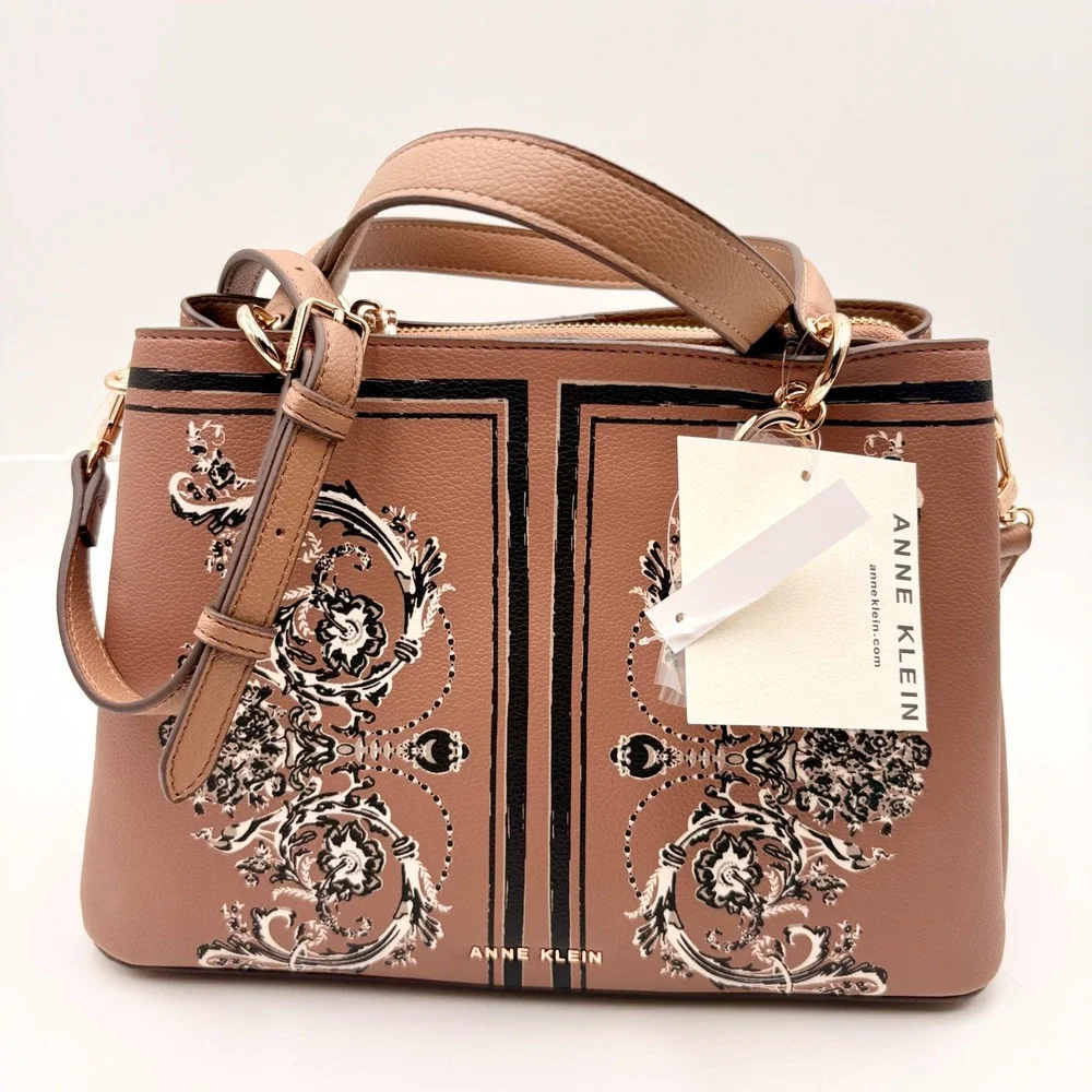 Anne Klein Tan Baroque Print Satchel Crossbody Bag Gold Hardware NWT